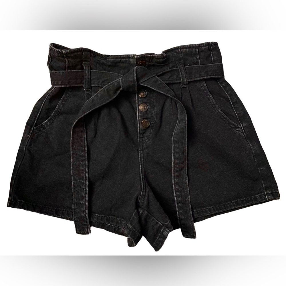 American Eagle Shorts Denim High Rise Mom Shorts Waist Tie Faded Black Size 4